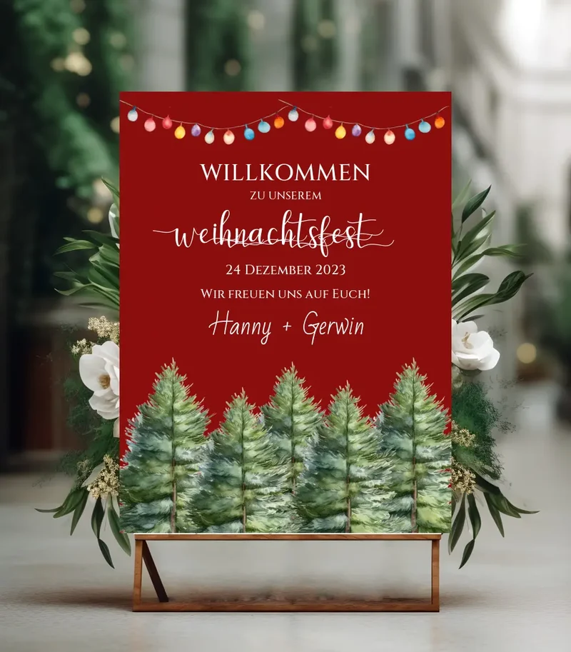 Weihnachtsschild Willkommen mit Tannenbäumen | Weihnachtsposter | Willkommensschild Weihnachten | Einladung Weihnachten | Weihnachten Einladung