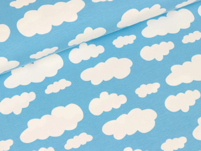 Reststück 23cm - Baumwolljersey Verena Wolken weiß auf Hellblau