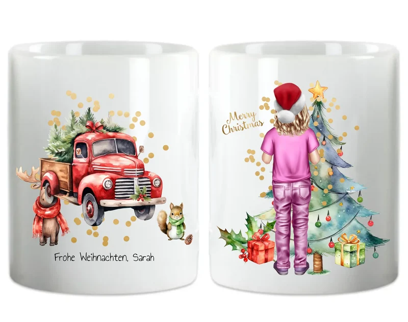 Personalisierte Tasse für Kinder zu Weihnachten mit Kleidung, Namen und Text gestaltbar. Weihnachtstasse