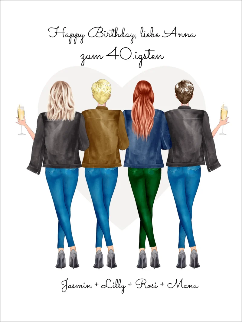 Personalisiertes Geburtstagsgeschenk für beste Freundin - 4 Freundinnen Poster mit Namen