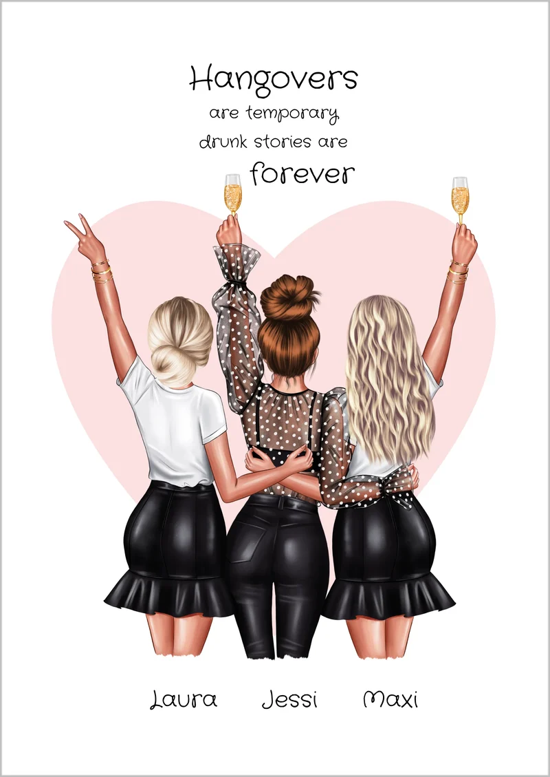 Beste Freundin Poster - 3 Freundinnen Bild - Freundin Geschenk personalisiert - Geburtstagsgeschenk Schwester, Mama, Kollegin