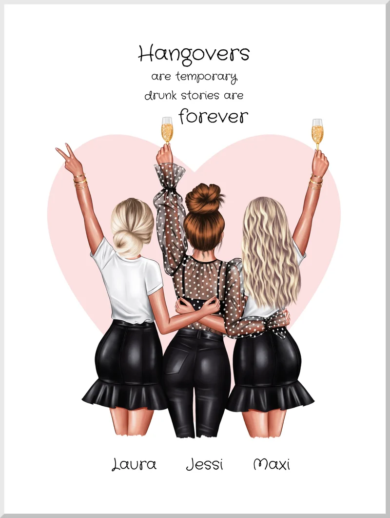 Beste Freundin Poster - 3 Freundinnen Bild - Freundin Geschenk personalisiert - Geburtstagsgeschenk Schwester, Mama, Kollegin