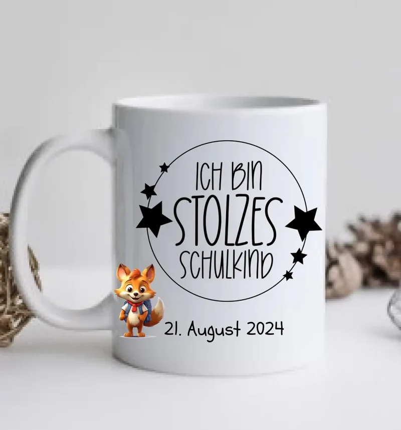 Schulkind 2026 | Einschulung Geschenk Tasse Becher Kissen Fuchs personalisiert | Einschulungsgeschenk