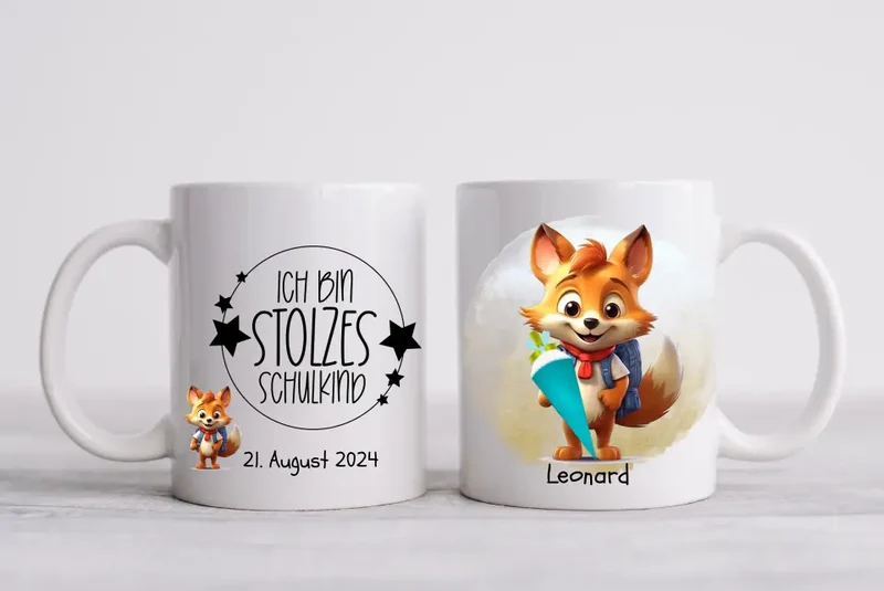 Schulkind 2026 | Einschulung Geschenk Tasse Becher Kissen Fuchs personalisiert | Einschulungsgeschenk