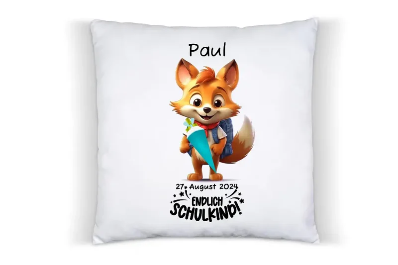 Schulkind 2026 | Einschulung Geschenk Tasse Becher Kissen Fuchs personalisiert | Einschulungsgeschenk