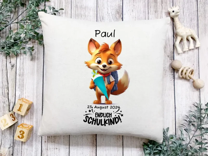Schulkind 2026 | Einschulung Geschenk Tasse Becher Kissen Fuchs personalisiert | Einschulungsgeschenk