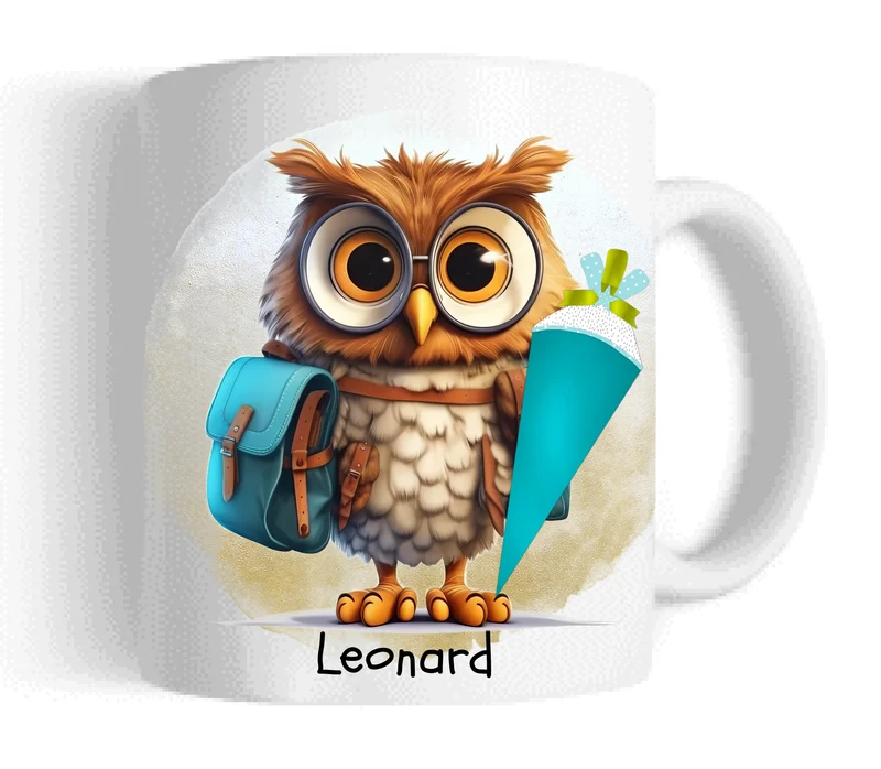 Schulkind 2026 | Einschulung Geschenk Kinder Tasse Becher Kissen Eule personalisiert | Einschulungsgeschenk | Schulbeginn 1. Klasse