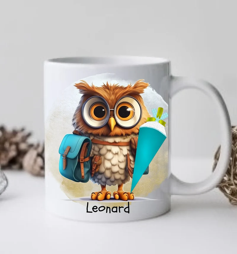 Schulkind 2026 | Einschulung Geschenk Kinder Tasse Becher Kissen Eule personalisiert | Einschulungsgeschenk | Schulbeginn 1. Klasse