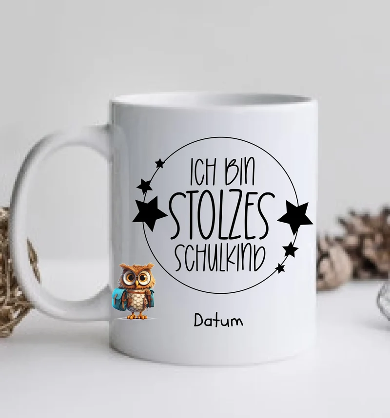 Schulkind 2026 | Einschulung Geschenk Kinder Tasse Becher Kissen Eule personalisiert | Einschulungsgeschenk | Schulbeginn 1. Klasse