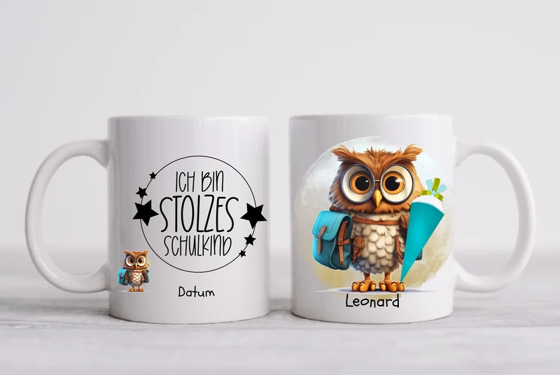 Schulkind 2026 | Einschulung Geschenk Kinder Tasse Becher Kissen Eule personalisiert | Einschulungsgeschenk | Schulbeginn 1. Klasse