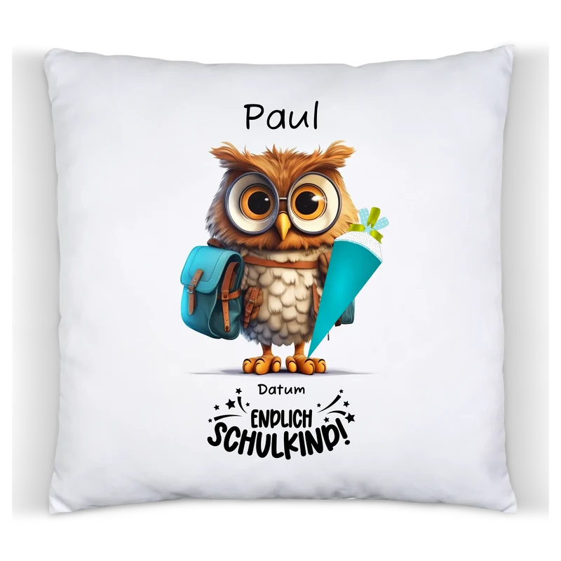 Schulkind 2026 | Einschulung Geschenk Kinder Tasse Becher Kissen Eule personalisiert | Einschulungsgeschenk | Schulbeginn 1. Klasse