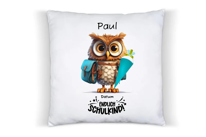 Schulkind 2026 | Einschulung Geschenk Kinder Tasse Becher Kissen Eule personalisiert | Einschulungsgeschenk | Schulbeginn 1. Klasse