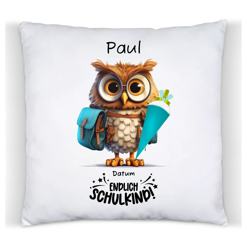 Schulkind 2026 | Einschulung Geschenk Kinder Tasse Becher Kissen Eule personalisiert | Einschulungsgeschenk | Schulbeginn 1. Klasse