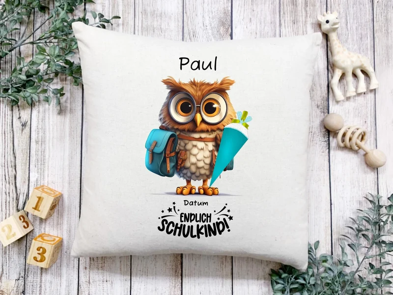 Schulkind 2026 | Einschulung Geschenk Kinder Tasse Becher Kissen Eule personalisiert | Einschulungsgeschenk | Schulbeginn 1. Klasse