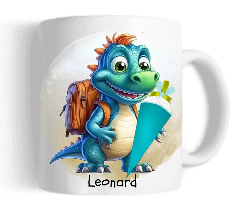 Schulkind 2026 | Einschulung Geschenk Tasse Becher Kissen Dino personalisiert | Einschulungsgeschenk | Schulbeginn 1. Klasse