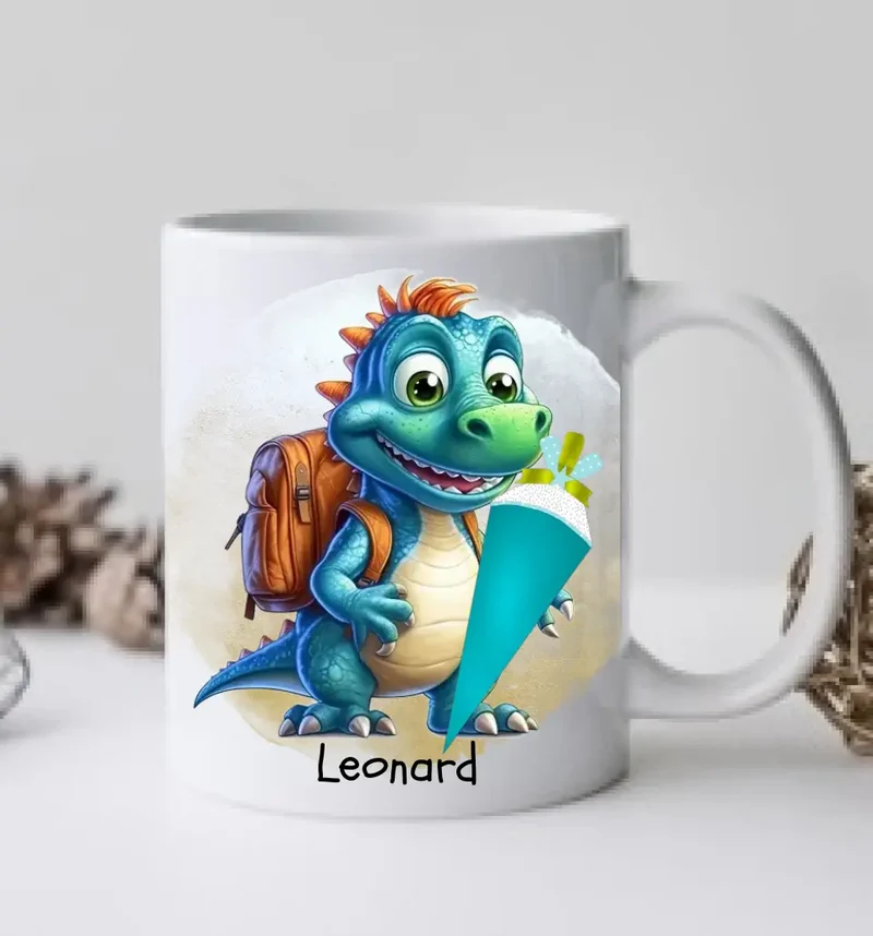 Schulkind 2026 | Einschulung Geschenk Tasse Becher Kissen Dino personalisiert | Einschulungsgeschenk | Schulbeginn 1. Klasse