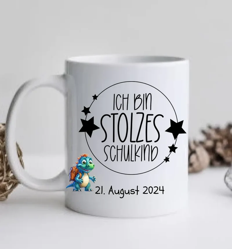 Schulkind 2026 | Einschulung Geschenk Tasse Becher Kissen Dino personalisiert | Einschulungsgeschenk | Schulbeginn 1. Klasse