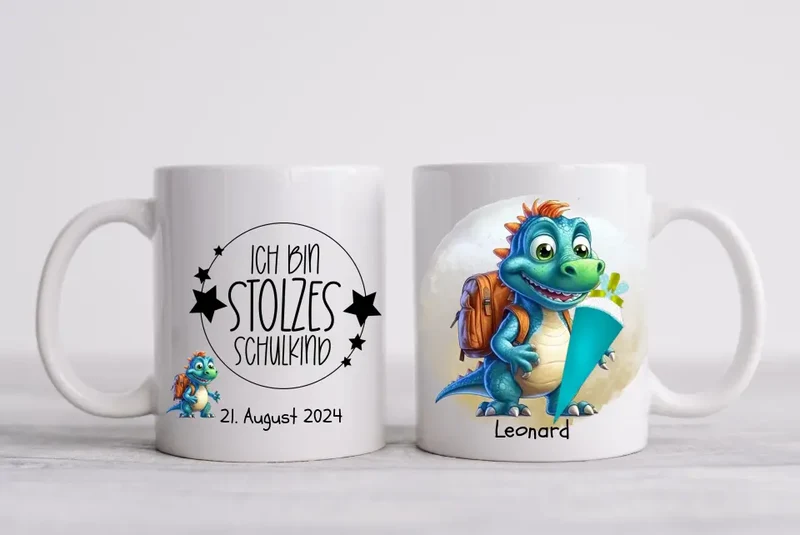 Schulkind 2026 | Einschulung Geschenk Tasse Becher Kissen Dino personalisiert | Einschulungsgeschenk | Schulbeginn 1. Klasse