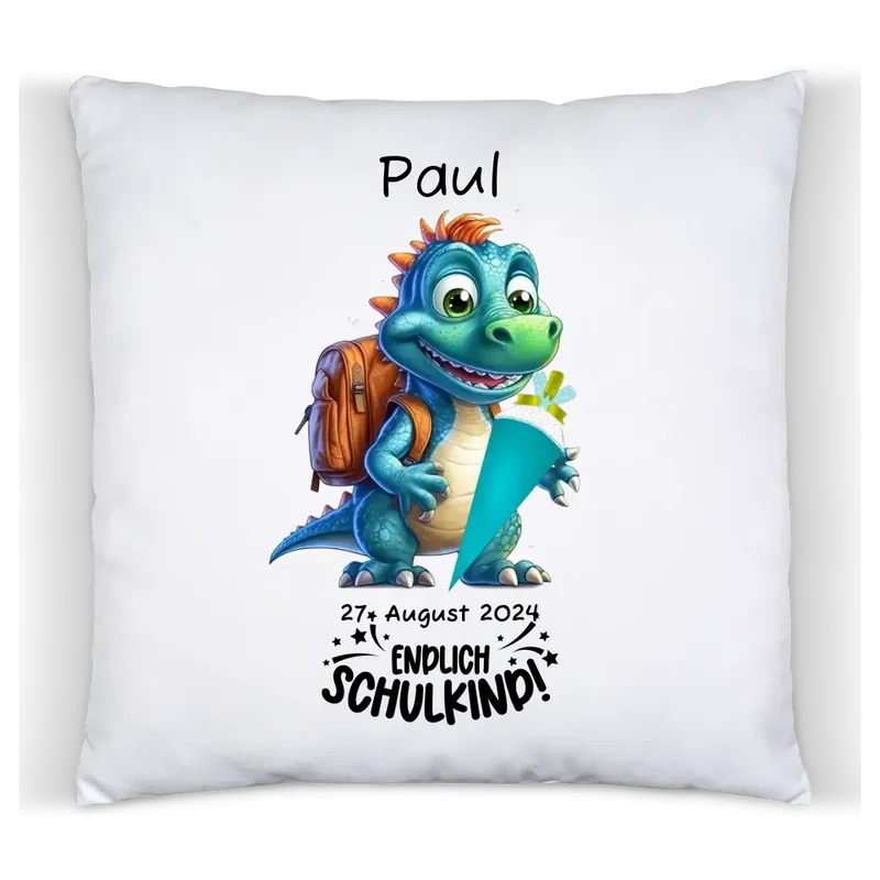 Schulkind 2026 | Einschulung Geschenk Tasse Becher Kissen Dino personalisiert | Einschulungsgeschenk | Schulbeginn 1. Klasse