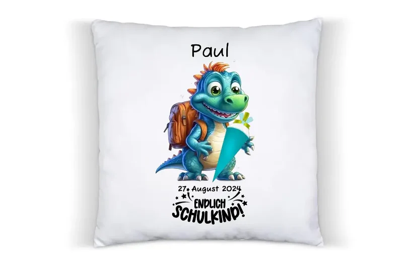 Schulkind 2026 | Einschulung Geschenk Tasse Becher Kissen Dino personalisiert | Einschulungsgeschenk | Schulbeginn 1. Klasse