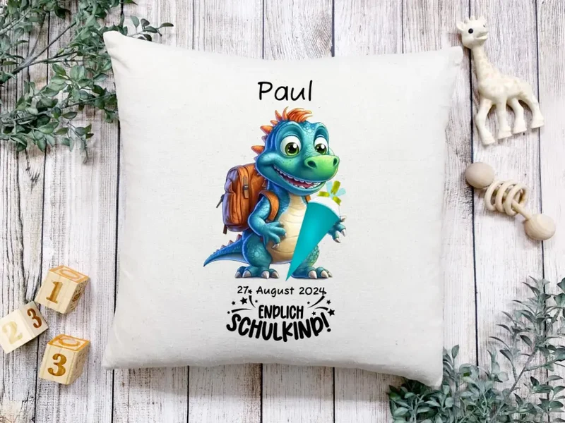 Schulkind 2026 | Einschulung Geschenk Tasse Becher Kissen Dino personalisiert | Einschulungsgeschenk | Schulbeginn 1. Klasse