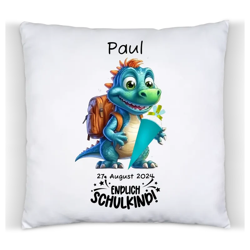 Schulkind 2026 | Einschulung Geschenk Tasse Becher Kissen Dino personalisiert | Einschulungsgeschenk | Schulbeginn 1. Klasse
