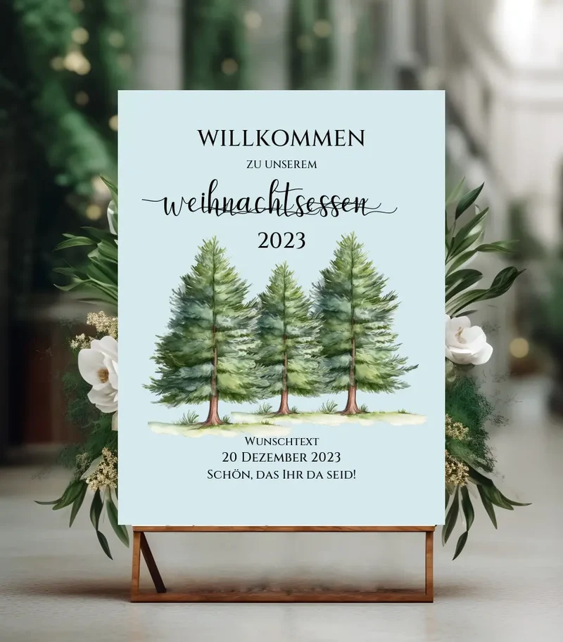 Weihnachtsschild Willkommen mit Tannenbäumen | Weihnachtsposter | Willkommensschild Weihnachten | Einladung Weihnachten Weihnachtsessen