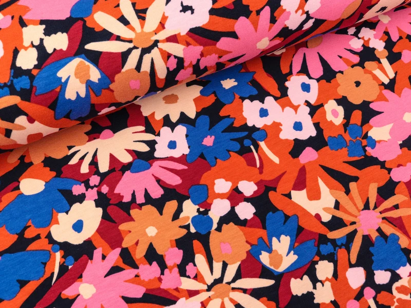 Reststück 80cm - Baumwolljersey Pop Blossom navy-bunt by Nerida Hansen
