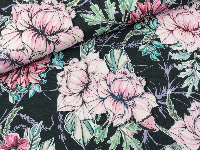 Reststück 123cm - Baumwolljersey My Watercolor Garden anthrazit by Lila-Lotta