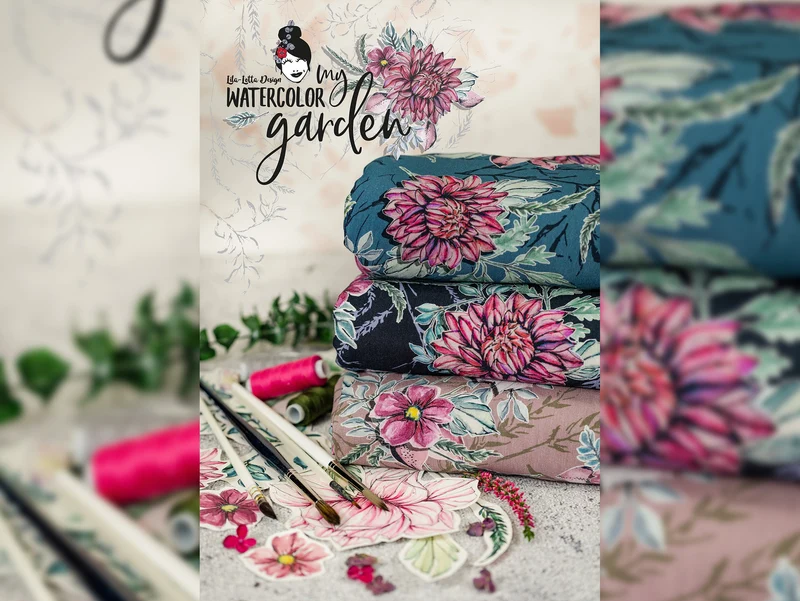Reststück 123cm - Baumwolljersey My Watercolor Garden anthrazit by Lila-Lotta