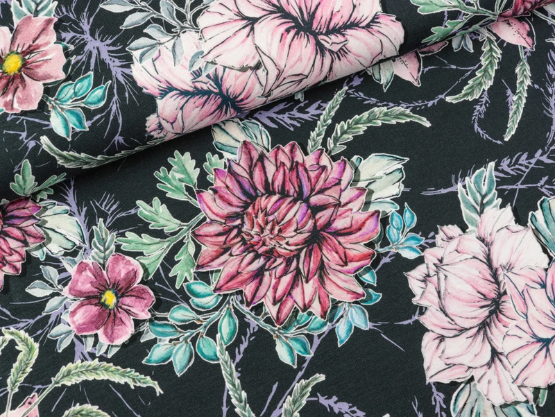 Reststück 123cm - Baumwolljersey My Watercolor Garden anthrazit by Lila-Lotta
