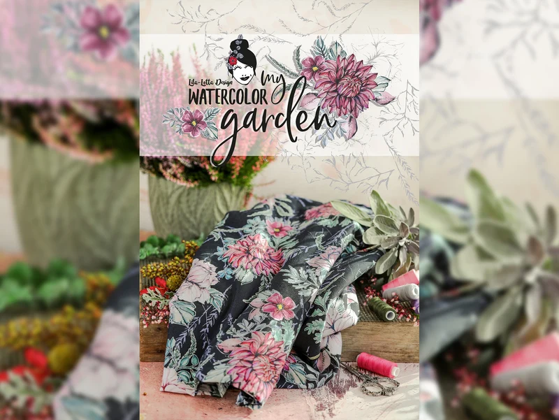 Reststück 123cm - Baumwolljersey My Watercolor Garden anthrazit by Lila-Lotta