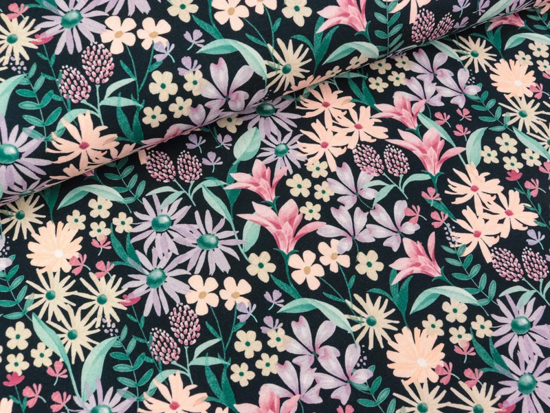 Reststück 64cm - Baumwolljersey Flowers bunt auf Navy by Poppy Fabrics Digitaldruck