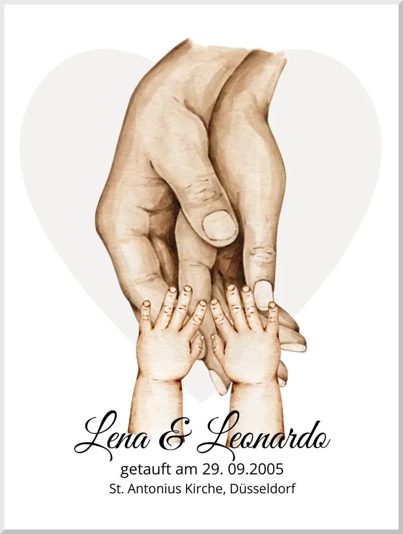 Personalisiertes Geschenk zur Taufer Hände | Bild Familie | Familienname | Namen Eltern | Kindername | personalisiertes Taufgeschenk