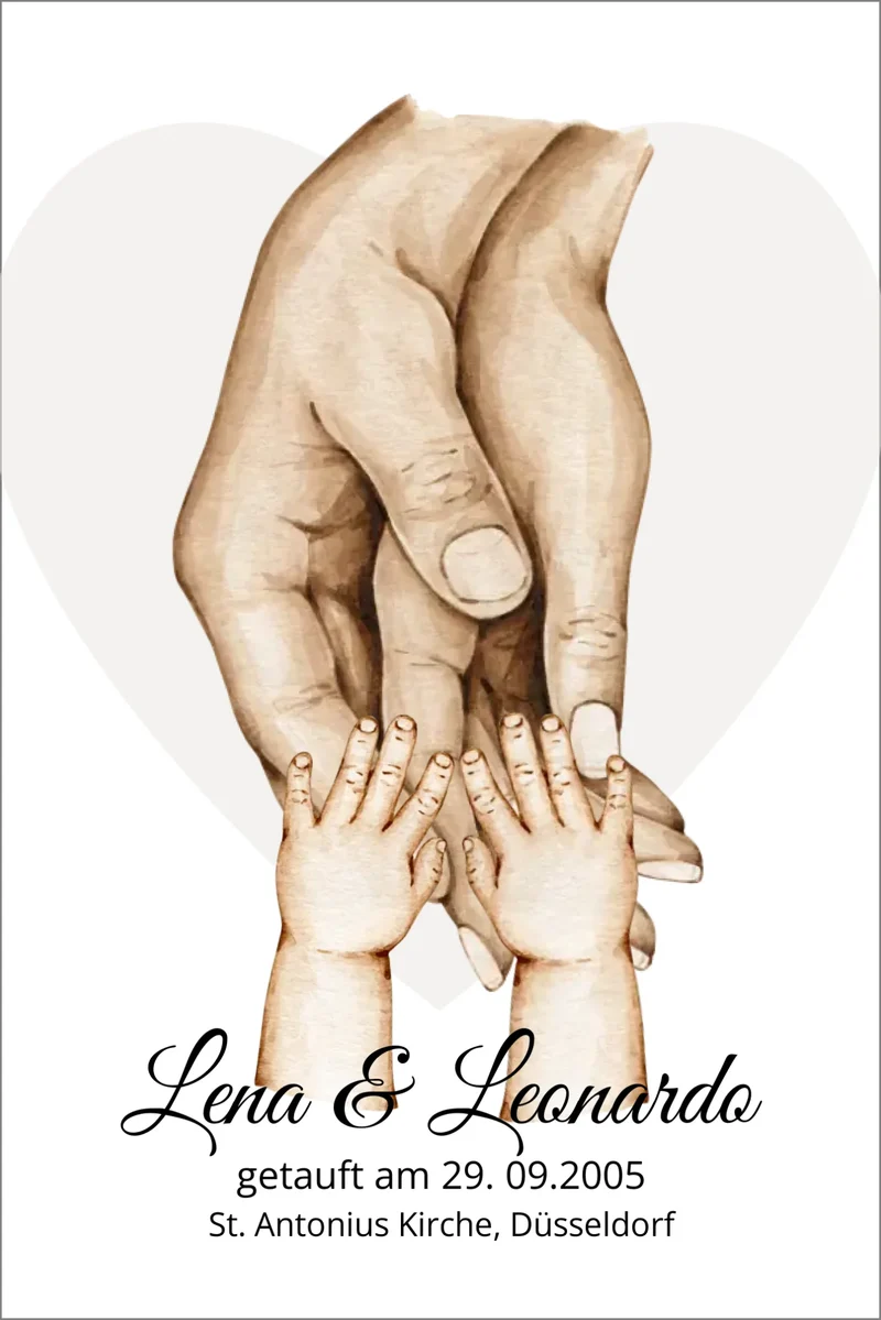 Personalisiertes Geschenk zur Taufer Hände | Bild Familie | Familienname | Namen Eltern | Kindername | personalisiertes Taufgeschenk