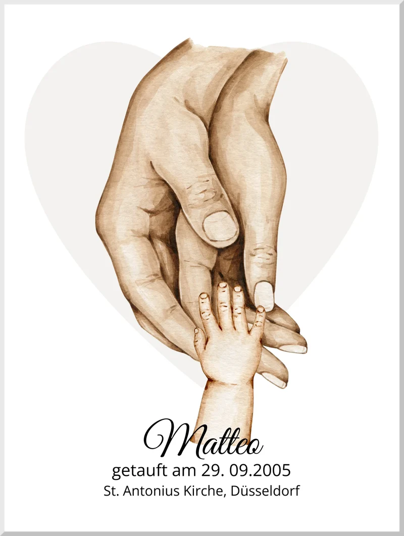 Taufgeschenk mit Namen und Datum | Personalisiertes Babygeschenk | Geschenk zur Taufe | Familiengeschenk Hände Motiv