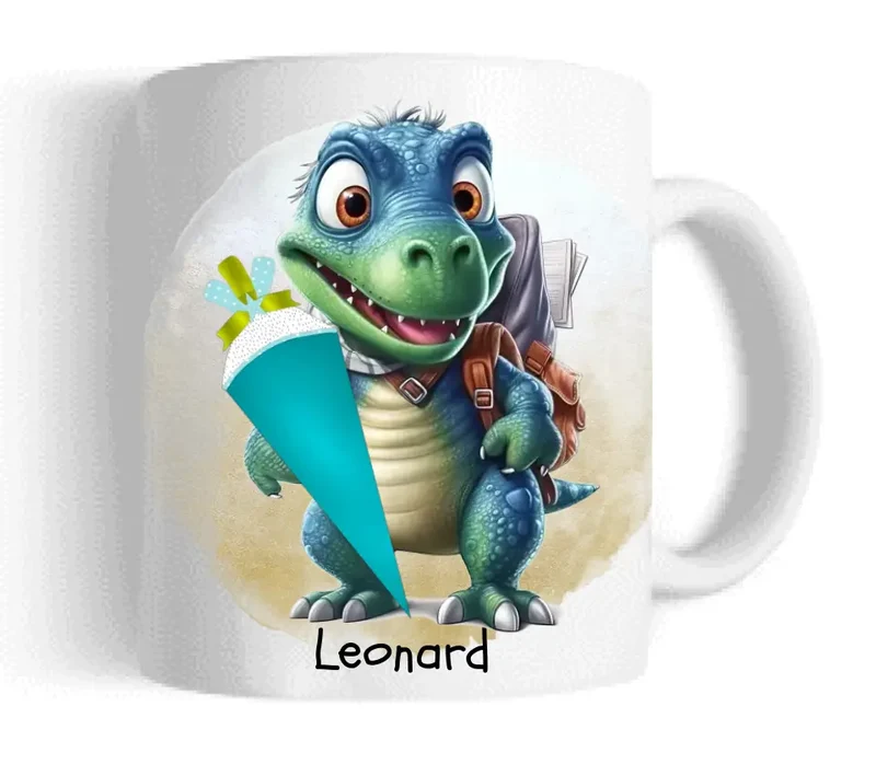 Schulkind 2026 | Einschulung Geschenk Tasse Becher Kissen Dino personalisiert | Einschulungsgeschenk | Schulbeginn 1. Klasse