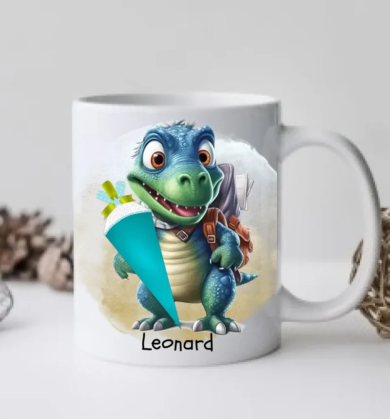 Schulkind 2026 | Einschulung Geschenk Tasse Becher Kissen Dino personalisiert | Einschulungsgeschenk | Schulbeginn 1. Klasse