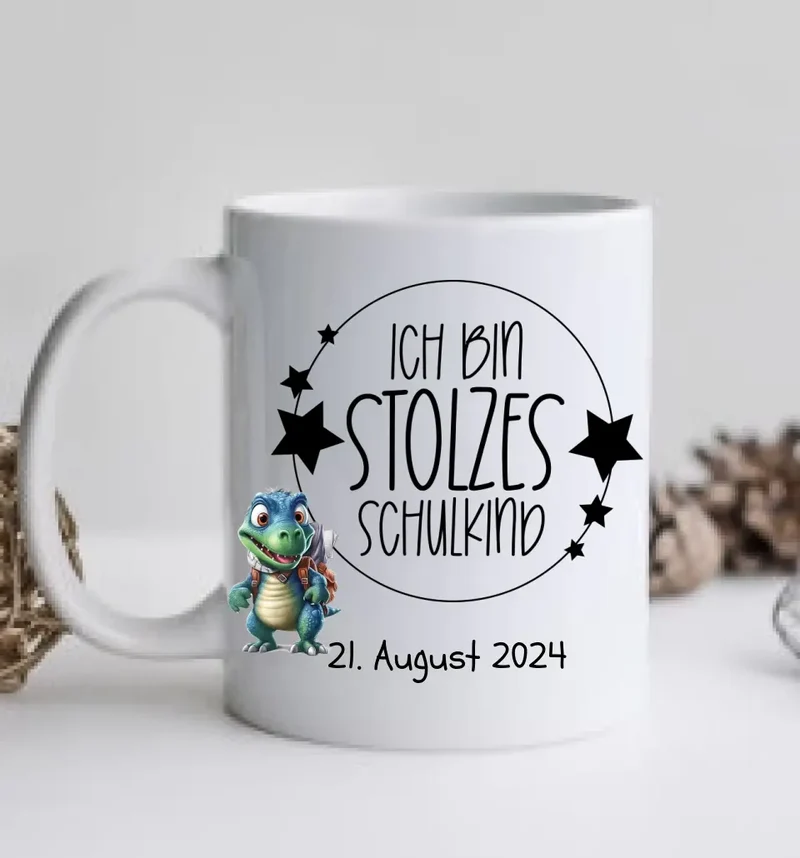 Schulkind 2026 | Einschulung Geschenk Tasse Becher Kissen Dino personalisiert | Einschulungsgeschenk | Schulbeginn 1. Klasse