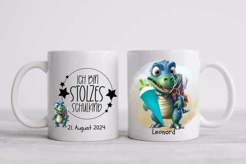 Schulkind 2026 | Einschulung Geschenk Tasse Becher Kissen Dino personalisiert | Einschulungsgeschenk | Schulbeginn 1. Klasse