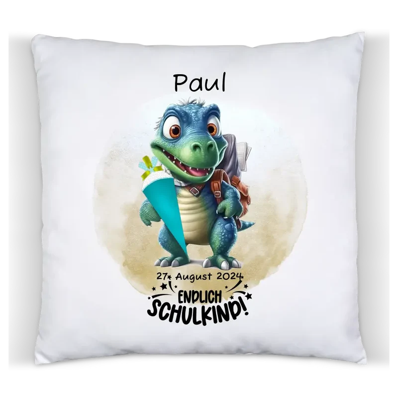 Schulkind 2026 | Einschulung Geschenk Tasse Becher Kissen Dino personalisiert | Einschulungsgeschenk | Schulbeginn 1. Klasse