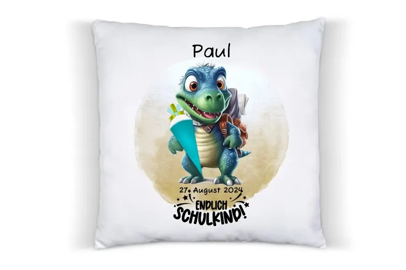 Schulkind 2026 | Einschulung Geschenk Tasse Becher Kissen Dino personalisiert | Einschulungsgeschenk | Schulbeginn 1. Klasse