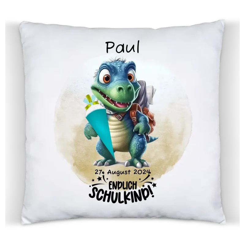 Schulkind 2026 | Einschulung Geschenk Tasse Becher Kissen Dino personalisiert | Einschulungsgeschenk | Schulbeginn 1. Klasse
