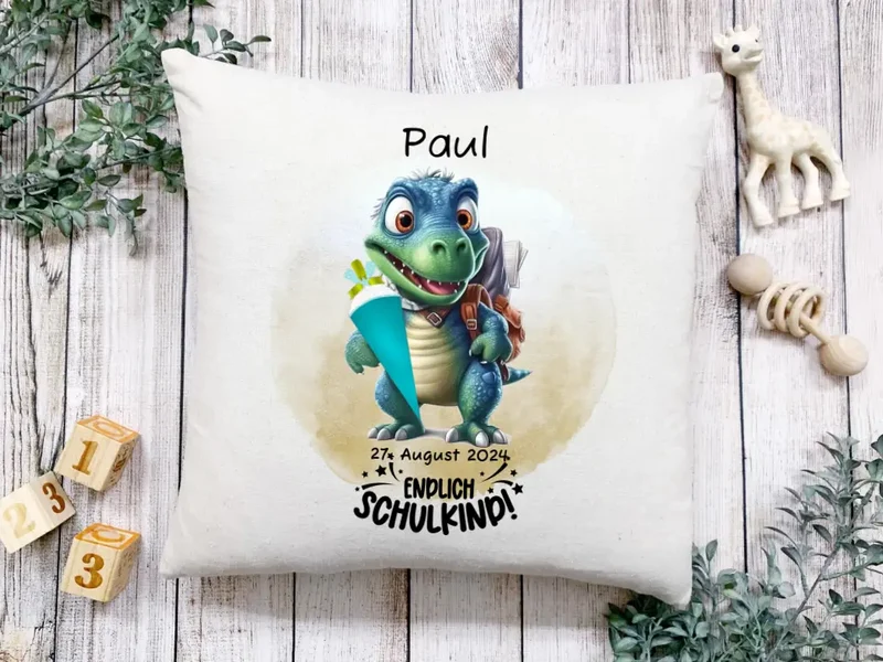 Schulkind 2026 | Einschulung Geschenk Tasse Becher Kissen Dino personalisiert | Einschulungsgeschenk | Schulbeginn 1. Klasse