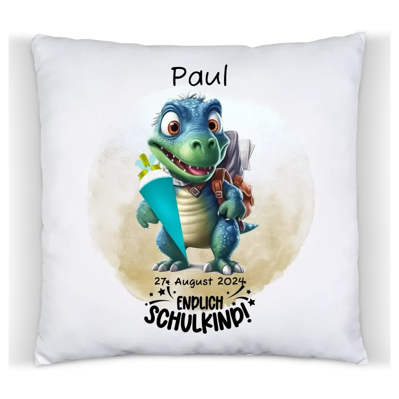 Schulkind 2026 | Einschulung Geschenk Tasse Becher Kissen Dino personalisiert | Einschulungsgeschenk | Schulbeginn 1. Klasse