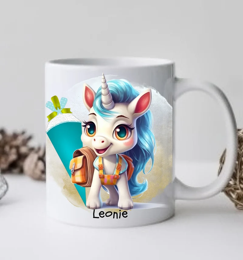 Schulkind 2026 | Einschulung Geschenk Tasse Becher Kissen Einhorn Mädchen personalisiert | Einschulungsgeschenk | Schulbeginn 1. Klasse