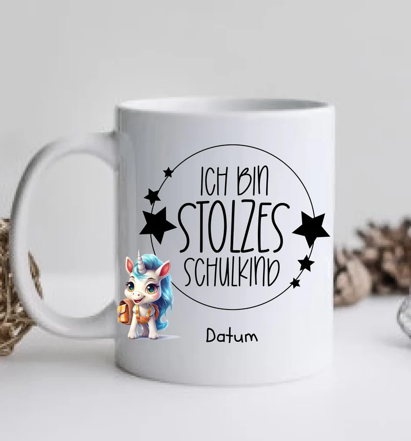 Schulkind 2026 | Einschulung Geschenk Tasse Becher Kissen Einhorn Mädchen personalisiert | Einschulungsgeschenk | Schulbeginn 1. Klasse