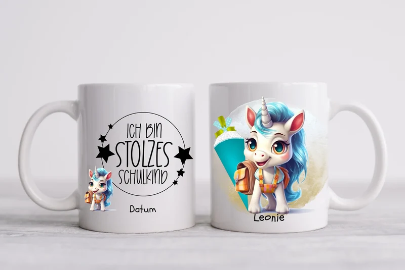 Schulkind 2026 | Einschulung Geschenk Tasse Becher Kissen Einhorn Mädchen personalisiert | Einschulungsgeschenk | Schulbeginn 1. Klasse