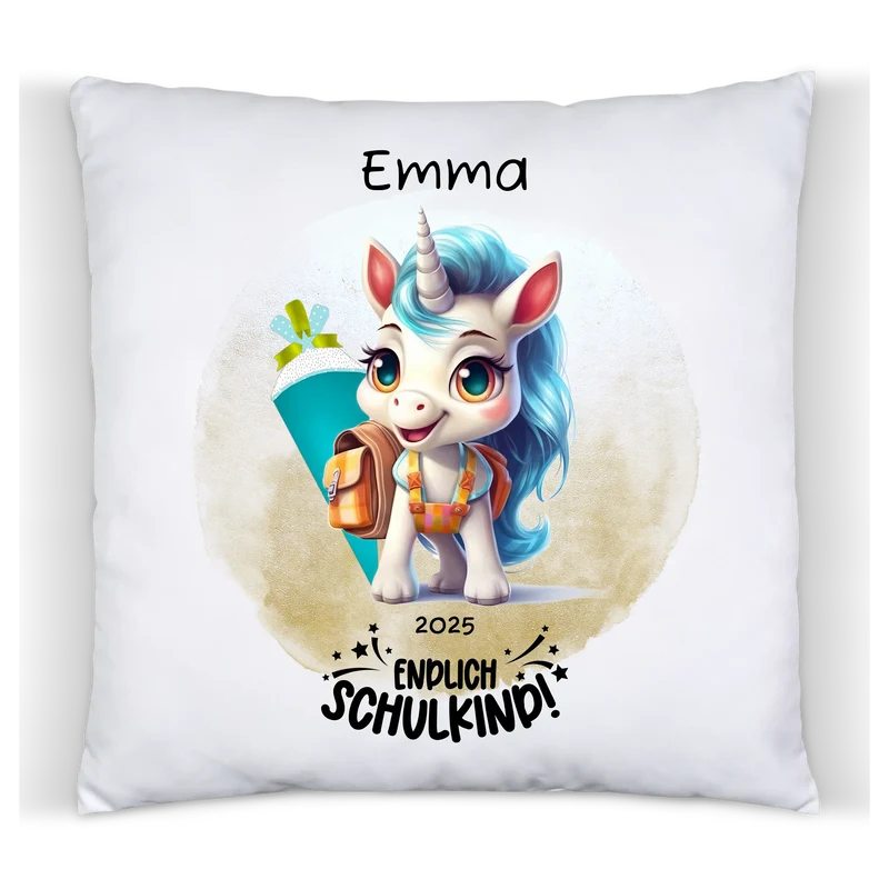 Schulkind 2026 | Einschulung Geschenk Tasse Becher Kissen Einhorn Mädchen personalisiert | Einschulungsgeschenk | Schulbeginn 1. Klasse