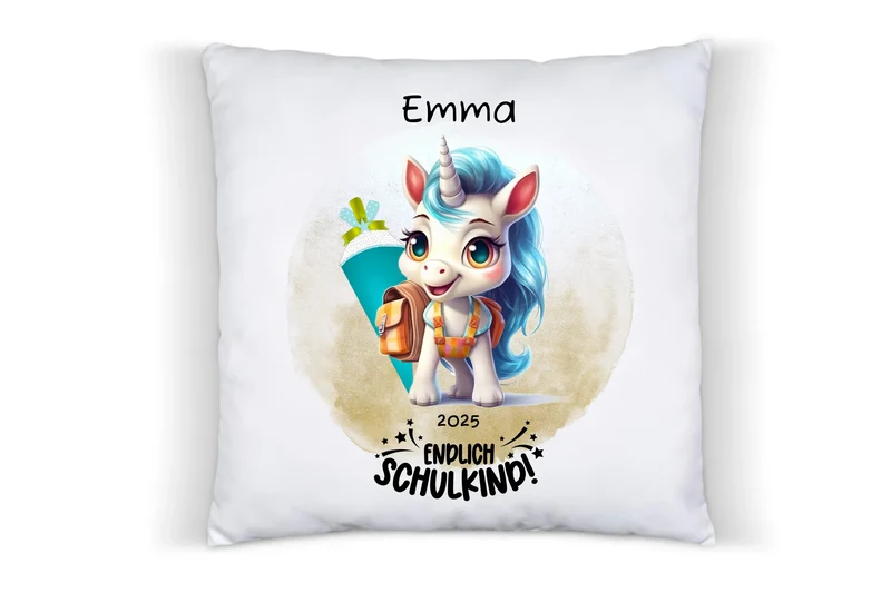 Schulkind 2026 | Einschulung Geschenk Tasse Becher Kissen Einhorn Mädchen personalisiert | Einschulungsgeschenk | Schulbeginn 1. Klasse